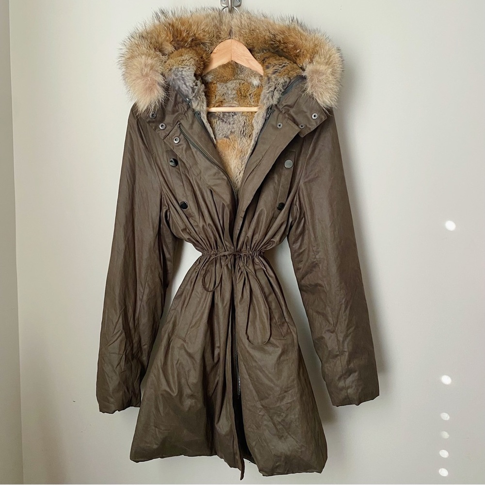 Blue Duck Rabbit Fur Lined Coyote Fur Trim Green Parka Jacket Coat XL Nordstrom